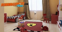 Rennwagenbett in Kinderzimmer in dem alles passend zum Autobett aussieht